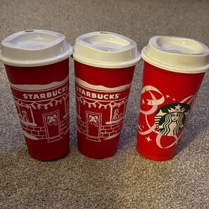 Starbucks Festive Red Reuseable Plastic Grande Cups with White Accents